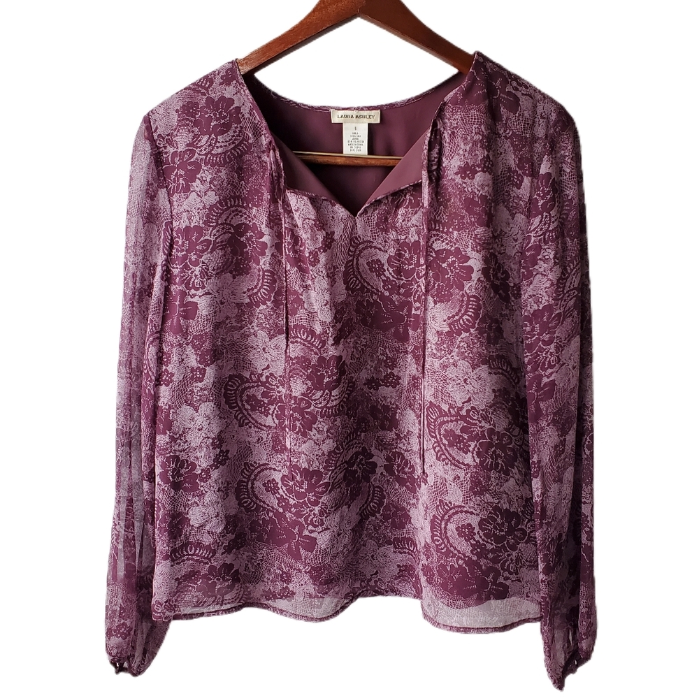 Vtg 100% Silk Laura Ashley Floral Eggplant Blouse Size 6